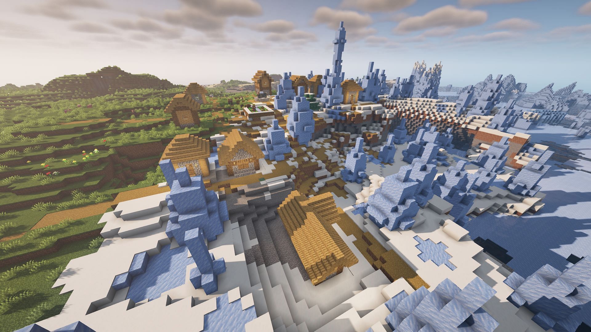 Spawn in a plains village extending to rare ice spikes biome (Image via Minecraft 1.19)