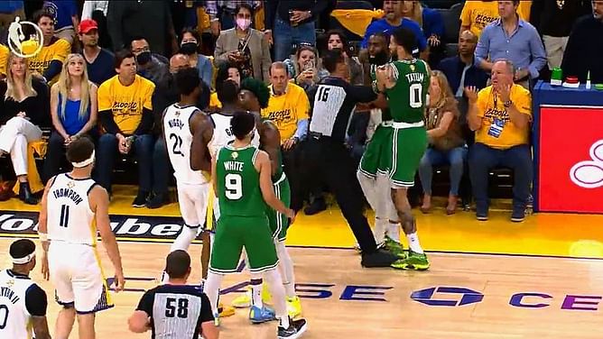 "Somebody got their legs on the top of your head, and then he tried to pull my pants down" - Jaylen Brown on Draymond Green's apparently missed technical in Game 2 of Finals, says he felt it was an illegal play