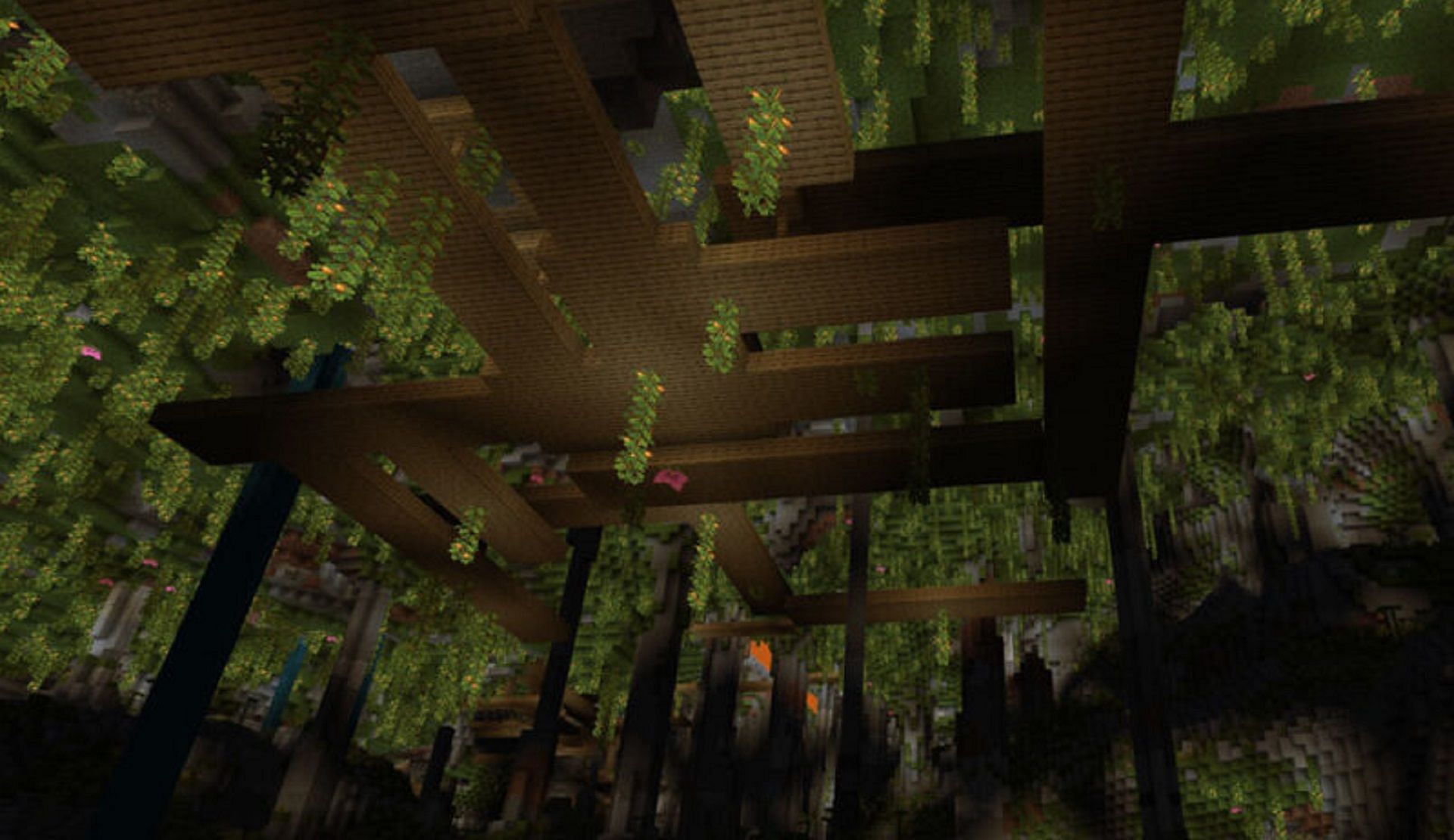 The lush cave of this seed is huge and even contains structures (Image via Mojang)