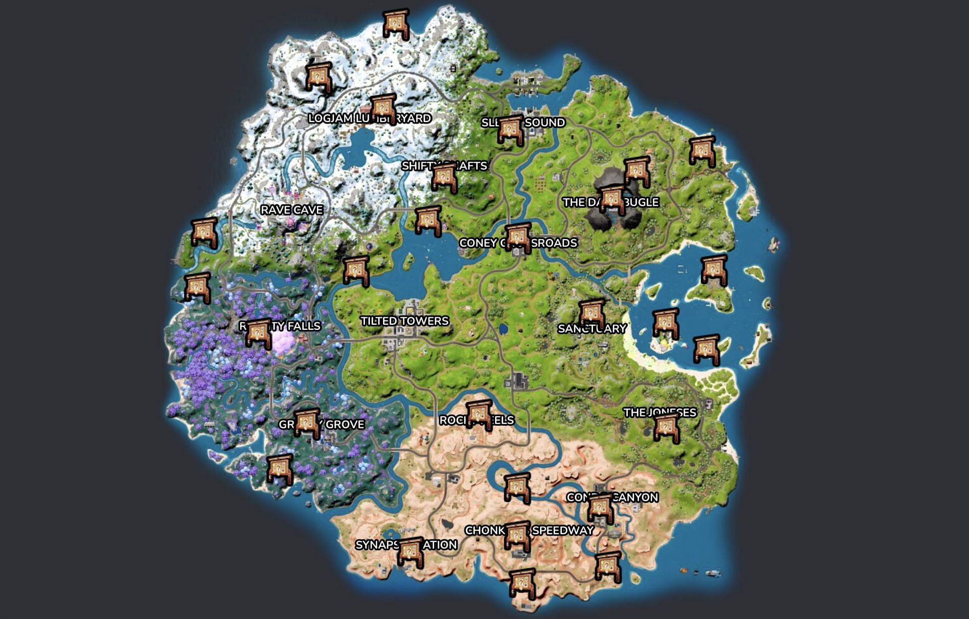 All Bounty Board locations in Fortnite Chapter 3 Season 3 (Image via FN.gg)