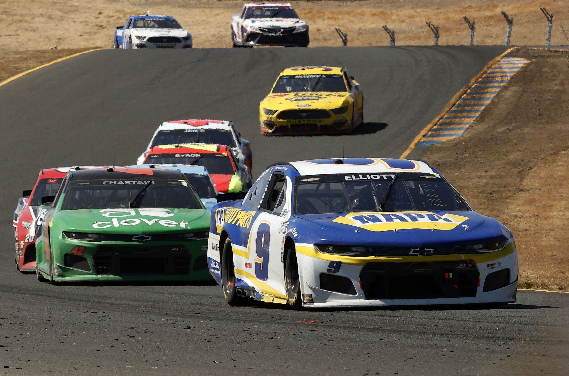 Chase Elliott leads the field during the 2021 NASCAR Cup Series Toyota/Save Mart 350 at Sonoma Raceway in Sonoma, California. (Photo by Maddie Meyer/Getty Images)