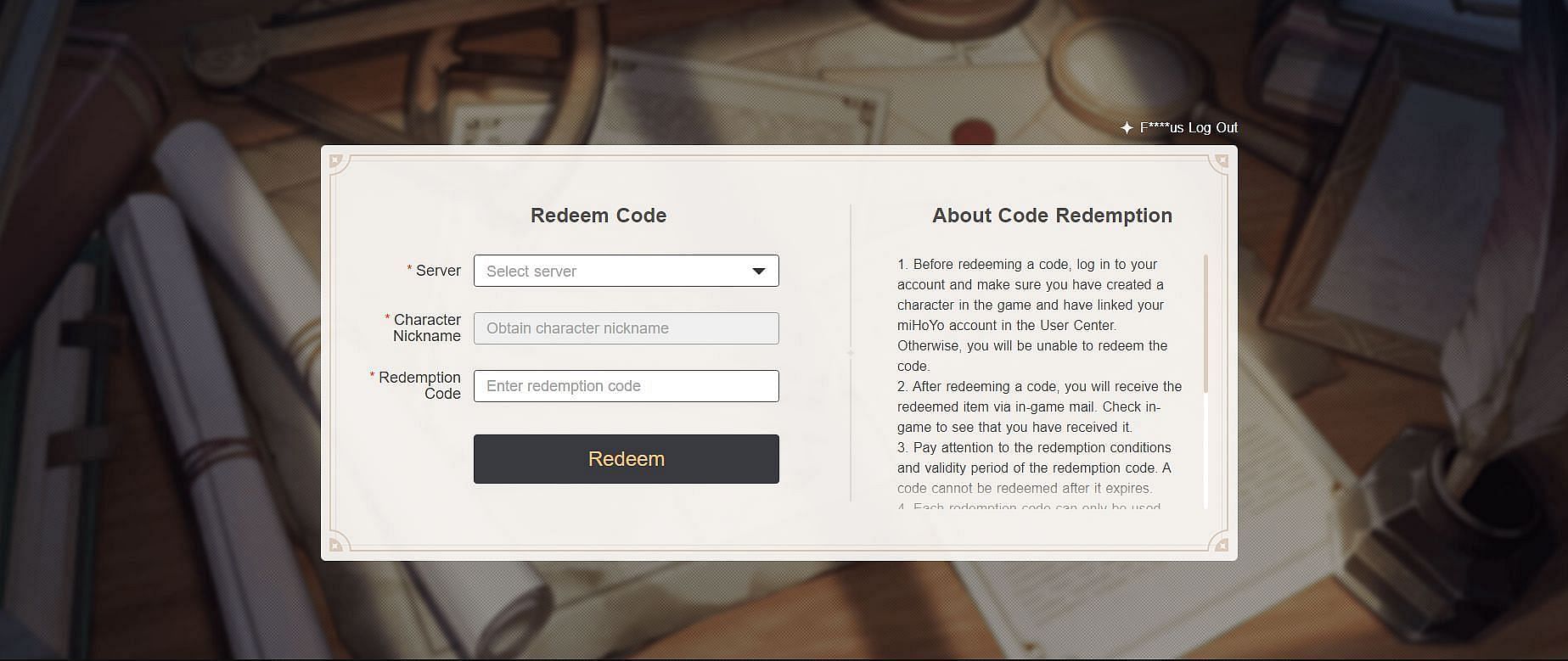 Official redemption site to redeem codes (Image via HoYoverse)