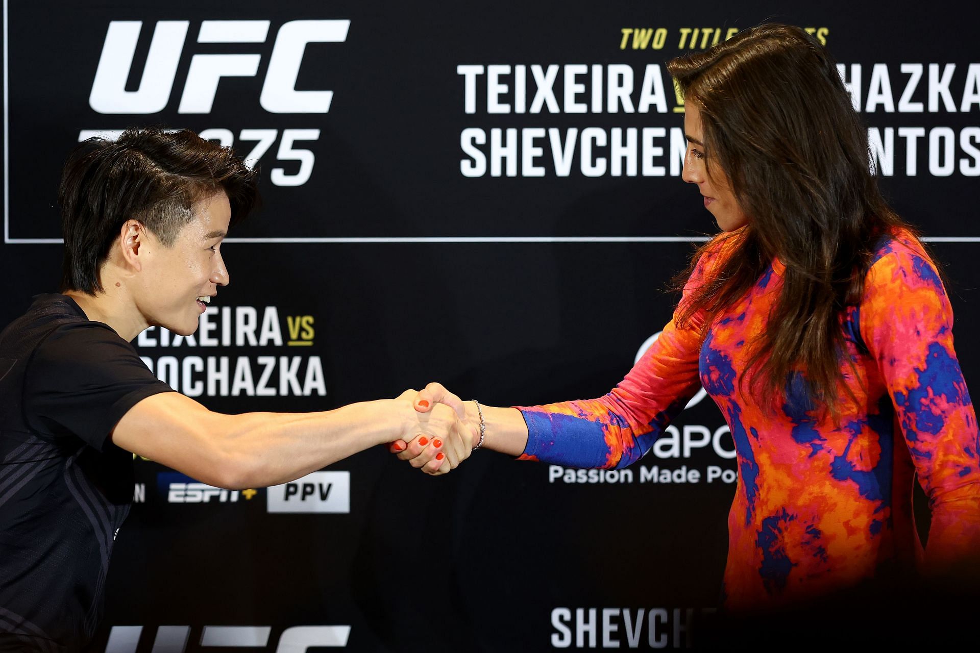 Zhang Weili (left) and Joanna Jedrzejczyk (right) at UFC 275 Media Day [Image courtesy of Getty]