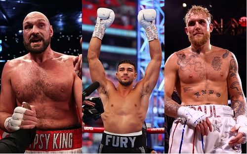 Tyson Fury (L) has discussed what will happen if Tommy Fury (M) loses to Jake Paul (R).