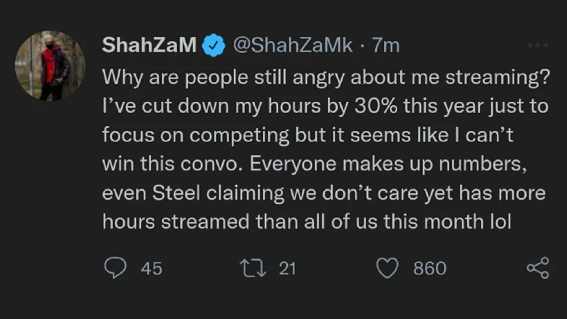 Screenshot of ShahZaM's deleted Tweet where he responded to T1 Steel's statement. (Image via Reddit/u/inside__jokes)