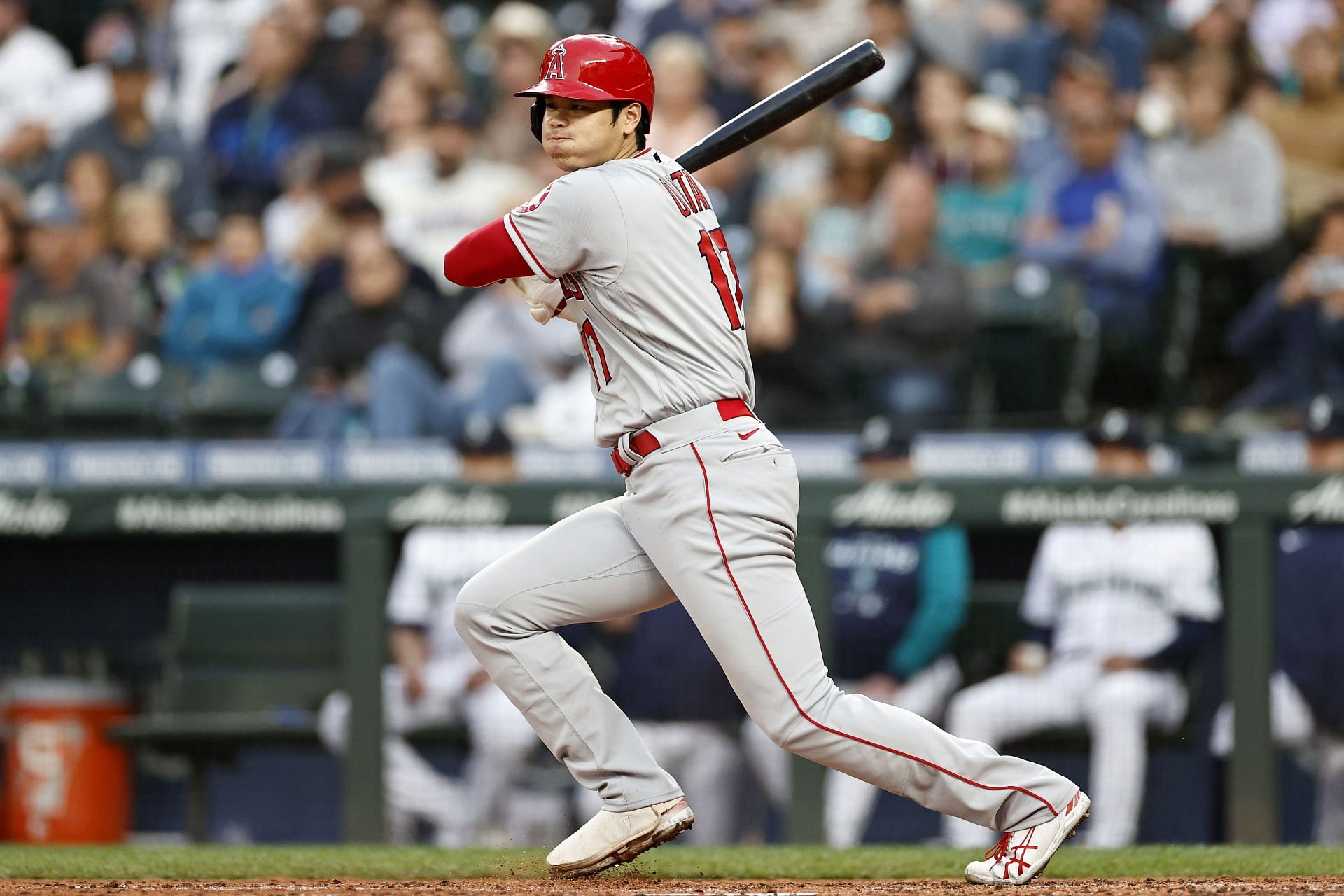 Two-way Japanese phenom Shohei Ohtani bats for the Los Angeles Angels against the Seattle Mariners.