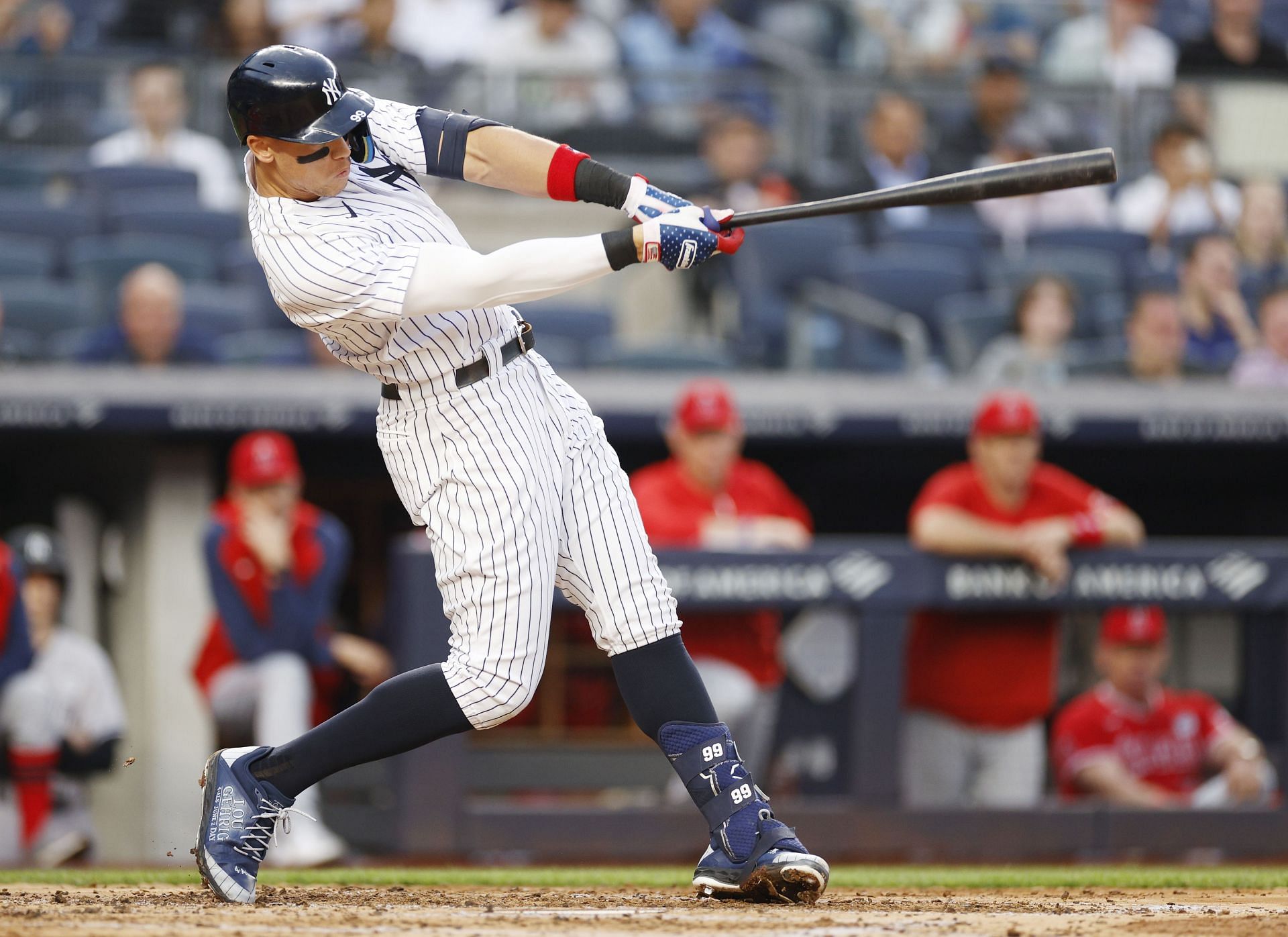 Aaron Judge takes a swing during a New York Yankees v Los Angeles Angels game.