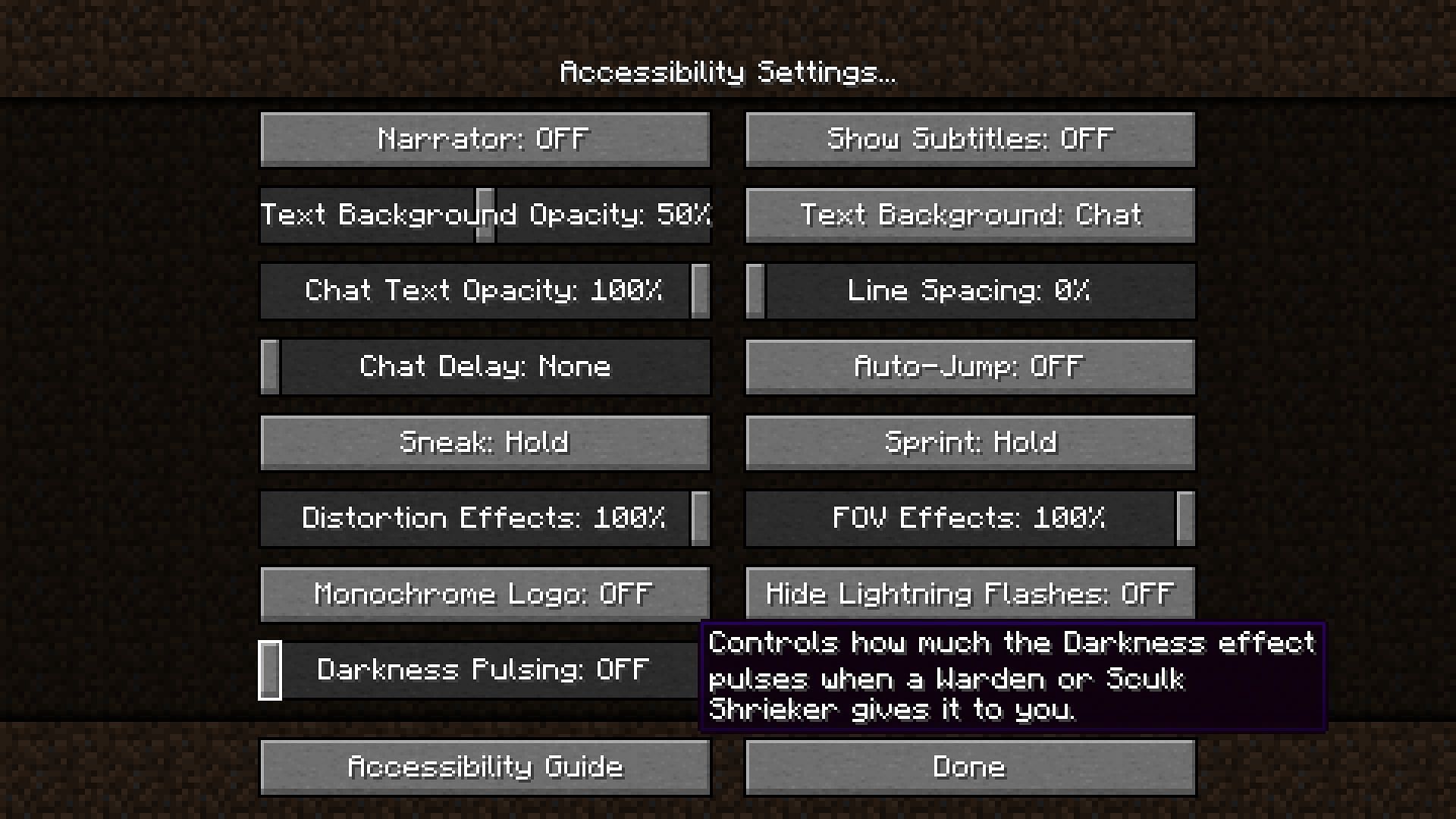 Darkness pulsing effect settings (Image via Minecraft 1.19)