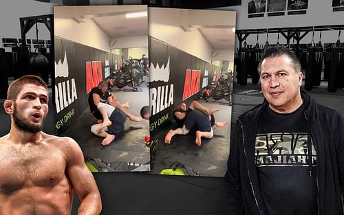 (L to R) Khabib Nurmagomedov (via Getty) , Nurmagomedov's training images, and Javier Mendez (via @akajav on Instagram) (Background via americankickboxingacademy.com)