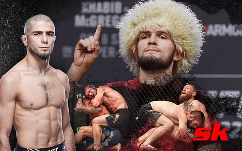 Muhammad Mokaev (L) (via ufc.com), Khabib Nurmagomedov, Nurmagomedov vs. Dustin Poirier and Nurmagomedov vs. Conor McGregor (R)