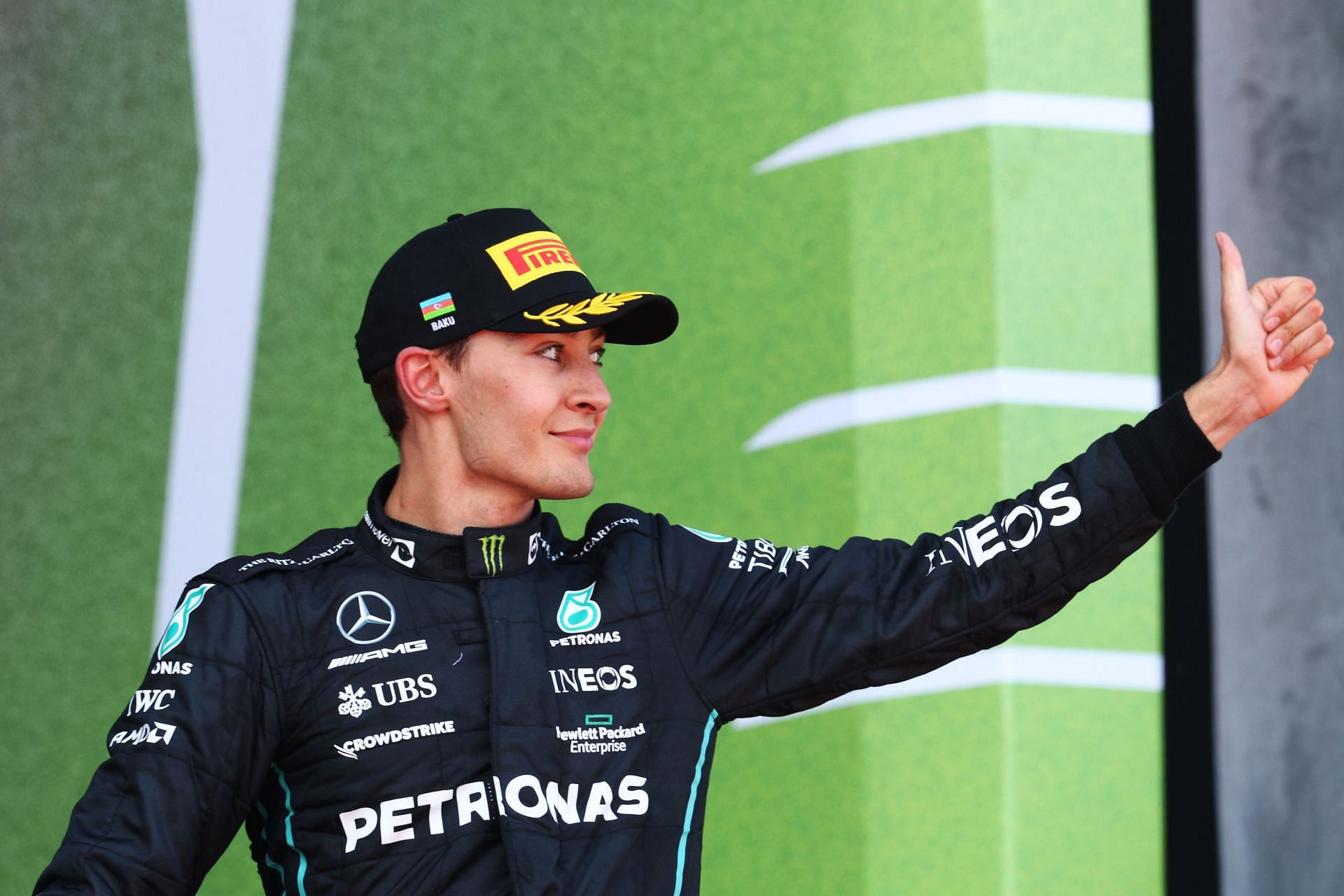 George Russell celebrates on the podium during the F1 Grand Prix of Azerbaijan at Baku City Circuit on June 12, 2022 in Baku, Azerbaijan. (Photo by Clive Rose/Getty Images)