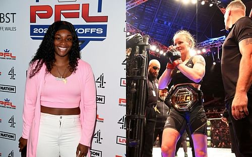 Claressa Shields at a PFL event (left), Valentina Shevchenko at UFC 275 (right)