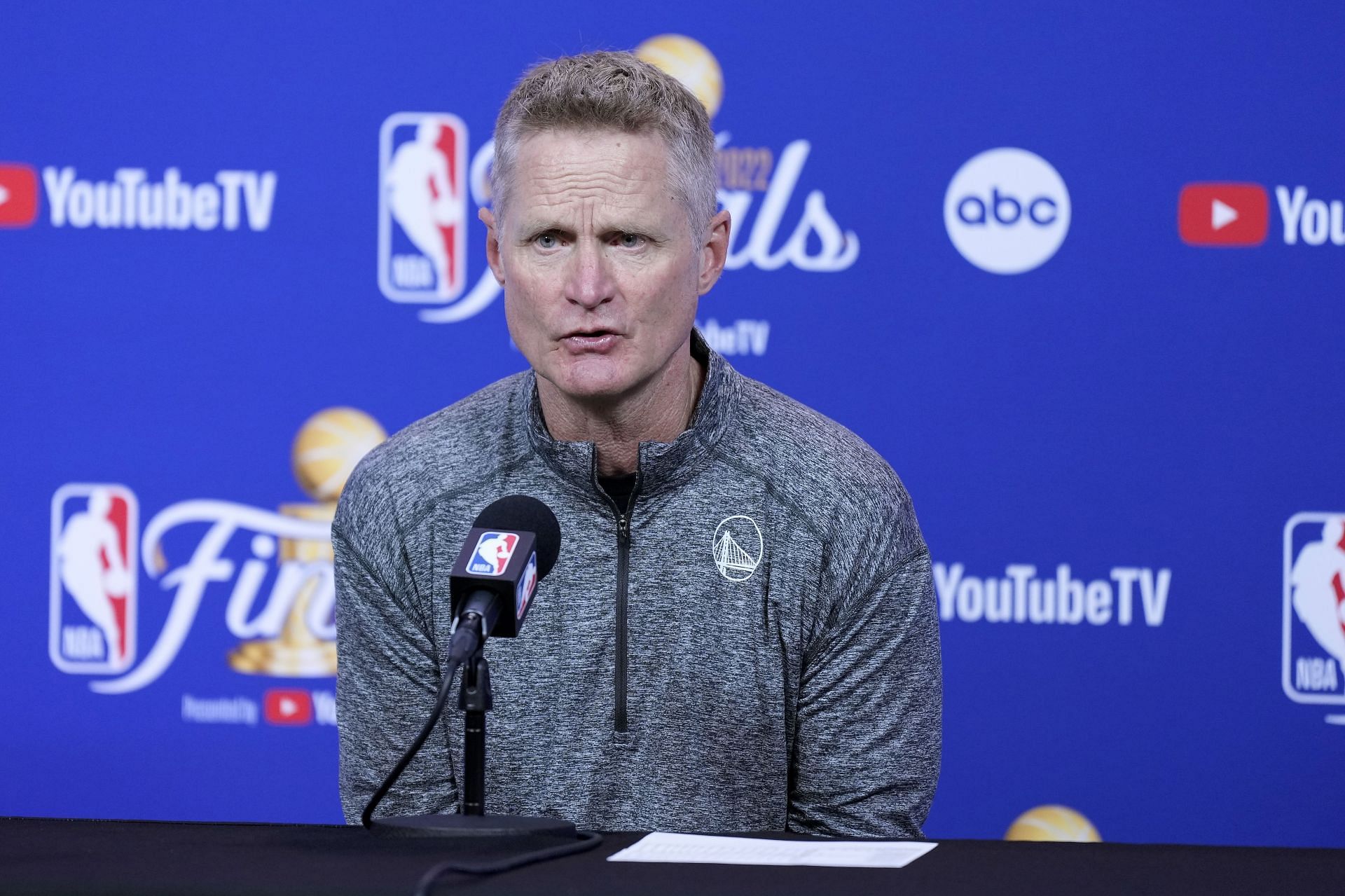 Golden State Warriors coach Steve Kerr talks during a news conference after a 104-94 win against the Boston Celtics in Game 5 of the NBA Finals at Chase Center on Monday in San Francisco, California.