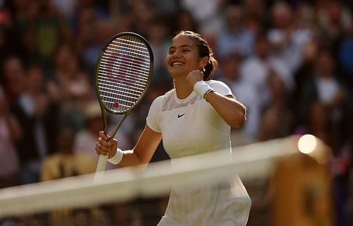 Emma Raducanu celebrates her first-round win at the 2022 Wimbledon Championships