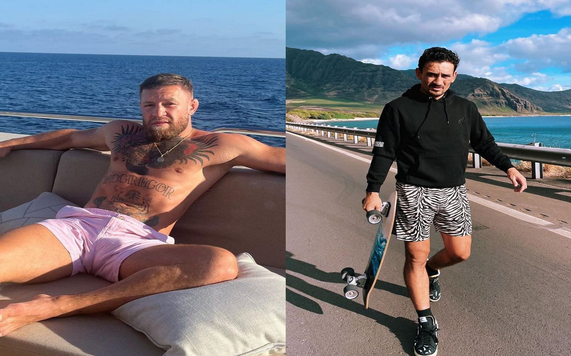 Conor McGregor enjoying time off (left) and Max Holloway skateboarding (right) (Credits Instagram: @thenotoriousmma and @blessedmma)