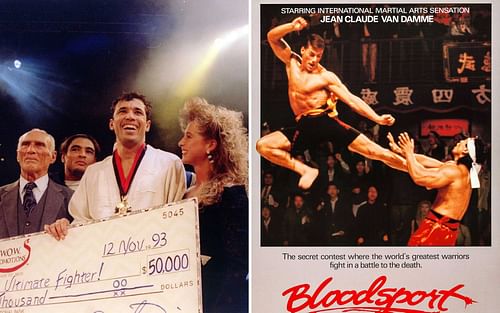 Royce Gracie after becoming The Ultimate Fighter (left) and Bloodsport poster (right - via Twitter @LandOfThe80s)