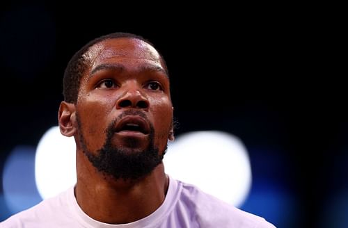 Kevin Durant #7 of the Brooklyn Nets warms up before Game Four of the Eastern Conference First Round Playoffs against the Boston Celtics at Barclays Center on April 25, 2022 in the Brooklyn borough of New York City