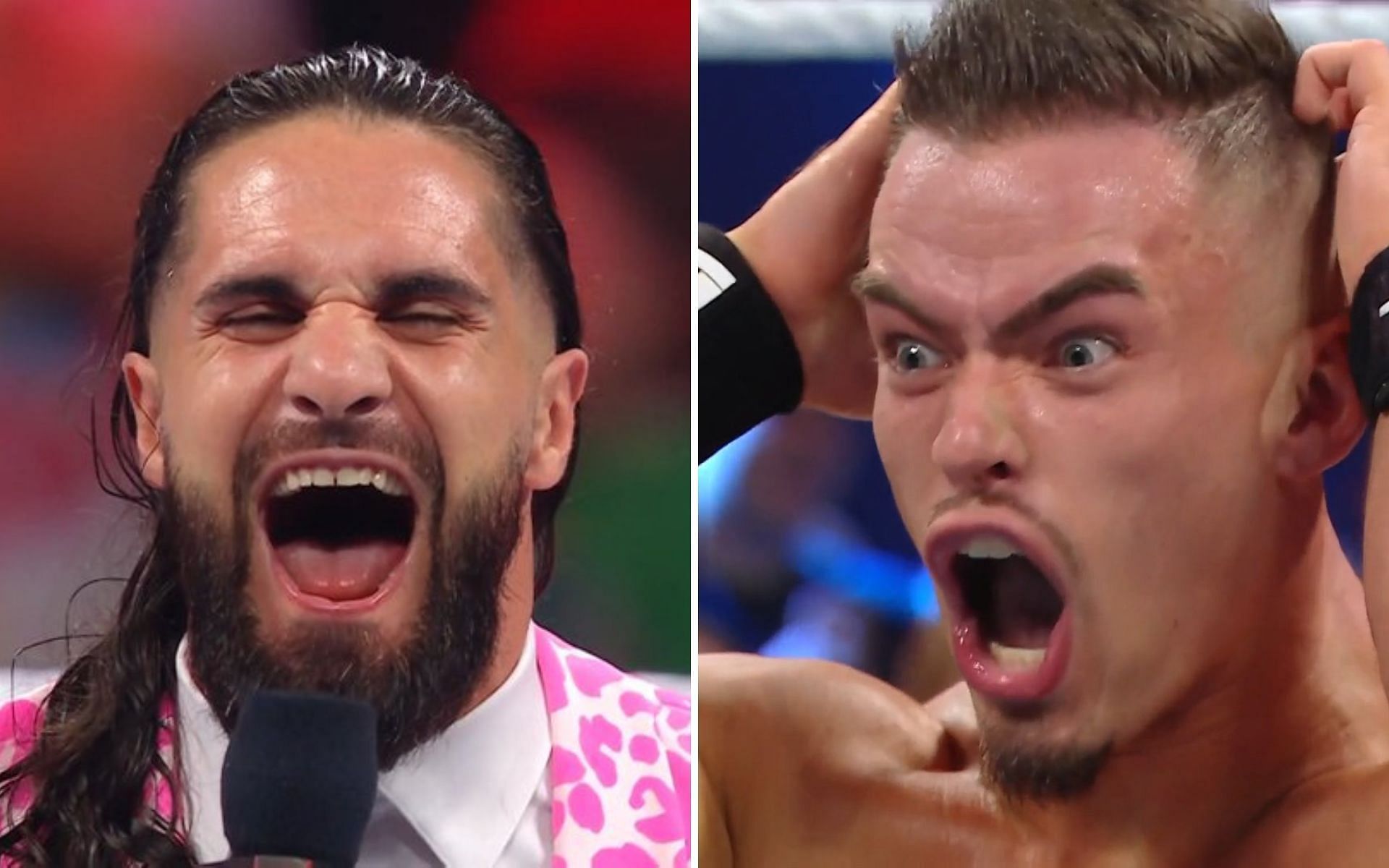 Seth Rollins (left); An outraged Theory (right)