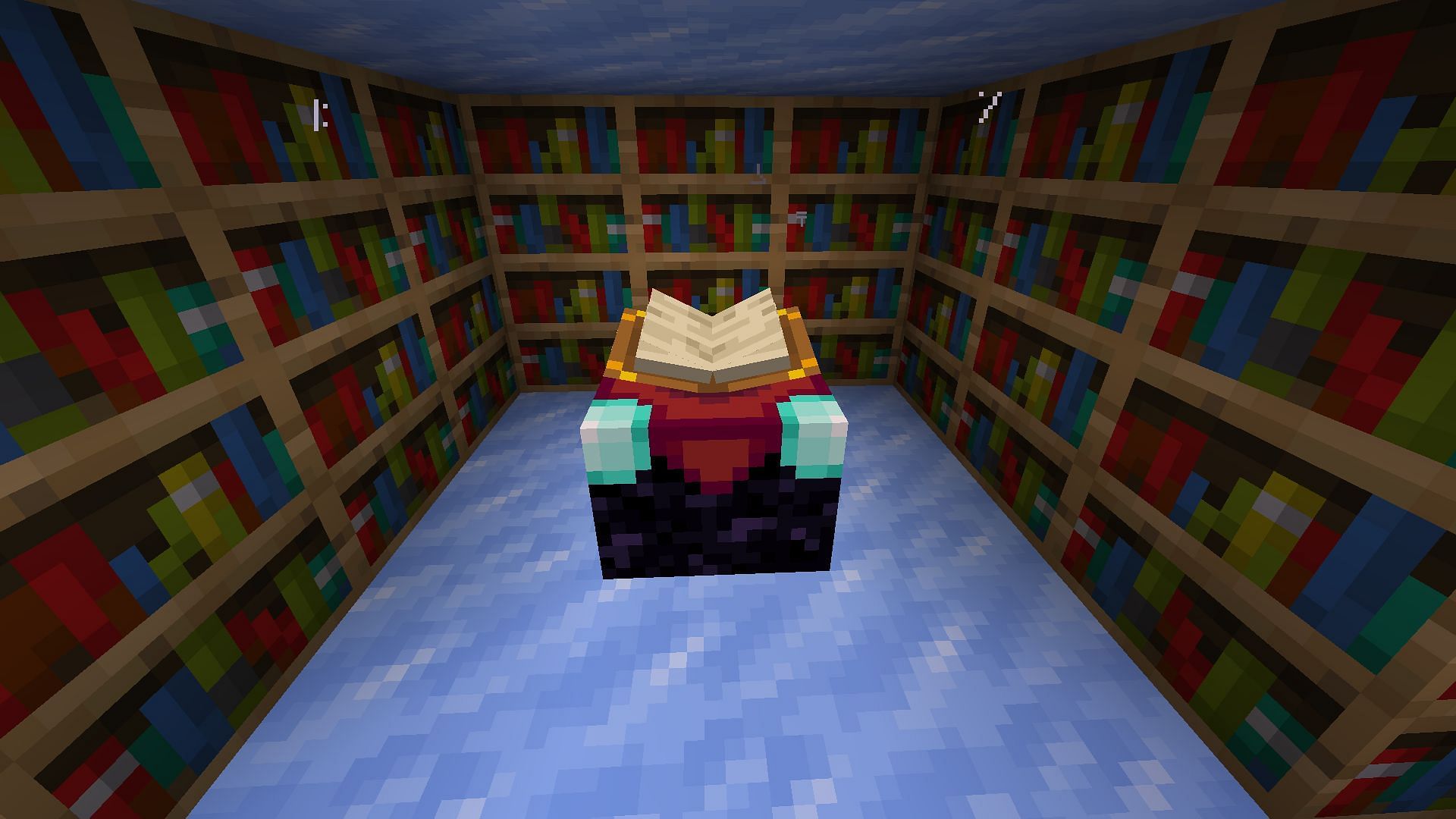 Enchanting table with bookshelves to increase the quality of enchantments (Image via Minecraft 1.19)