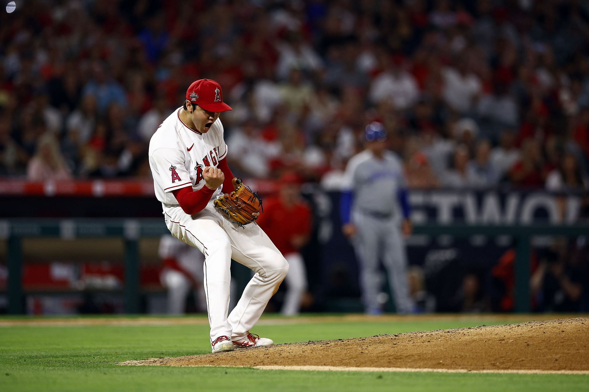 Shohei Ohtani of the Los Angeles Angels reacts after the third out against the Kansas City Royals.