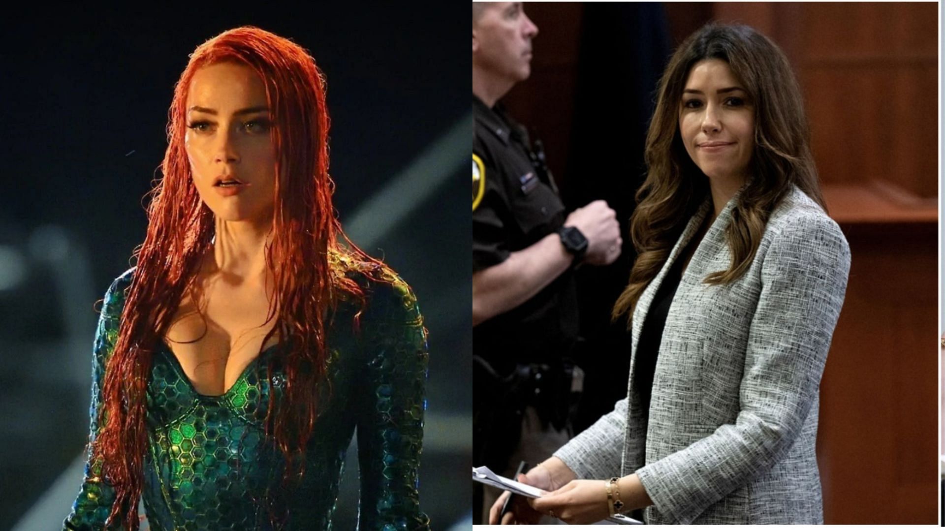 Amber Heard as Mera, and Camille Vasquez in the trial (Image via Warner Bros. Discovery, and Brendan Smialowski/Pool/AFP/Getty Images)