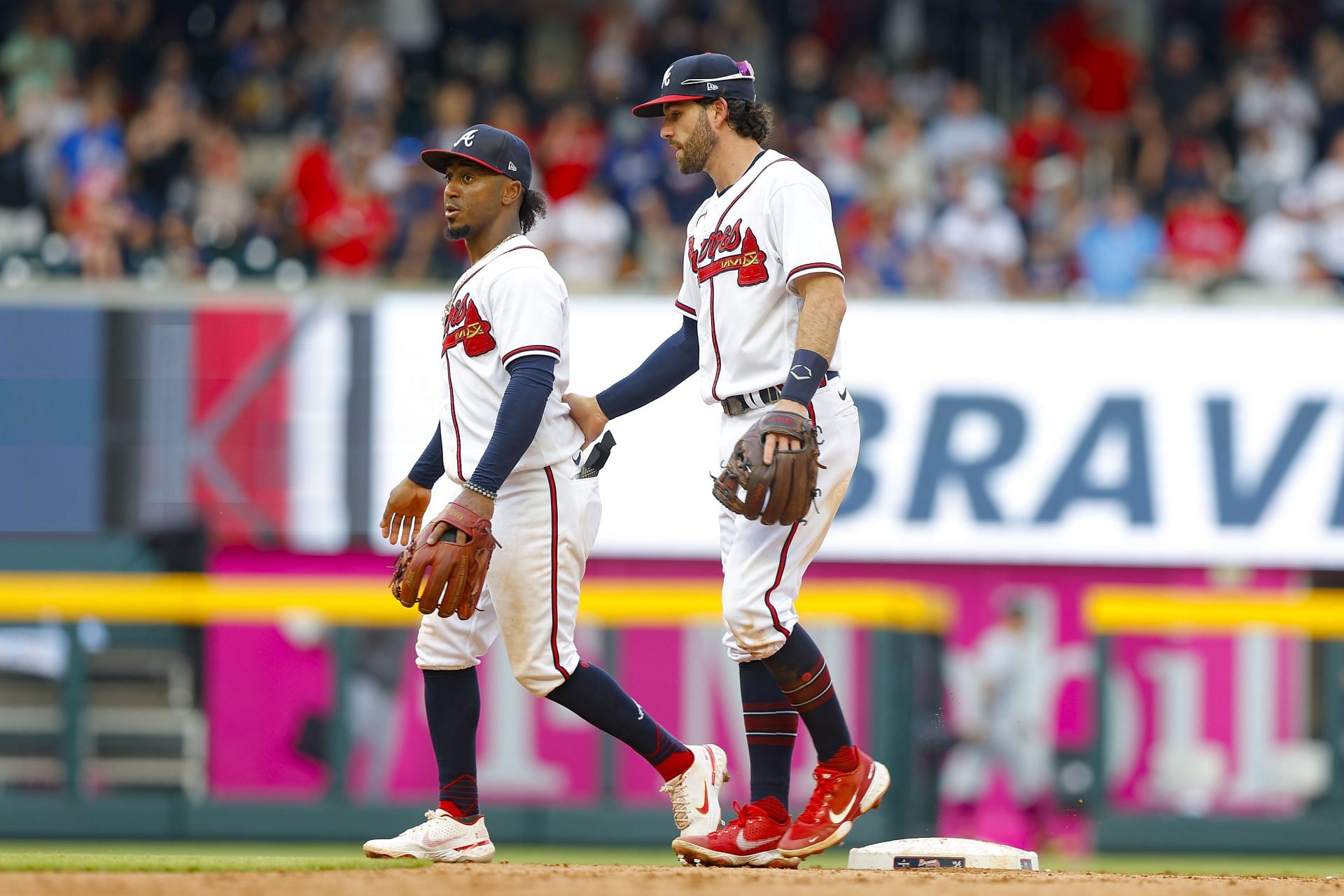 Atlanta Braves Ozzie Albies and Dansby Swanson celebrate a victory over the Pittsburgh Pirates.