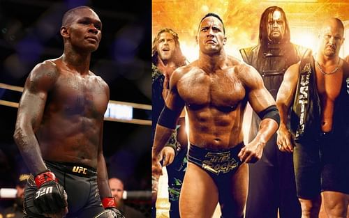 Israel Adesanya (left), Shaun Michaels, Steve Austin, The Undertaker, The Rock (right) [Image courtesy of bleedingcool.com]