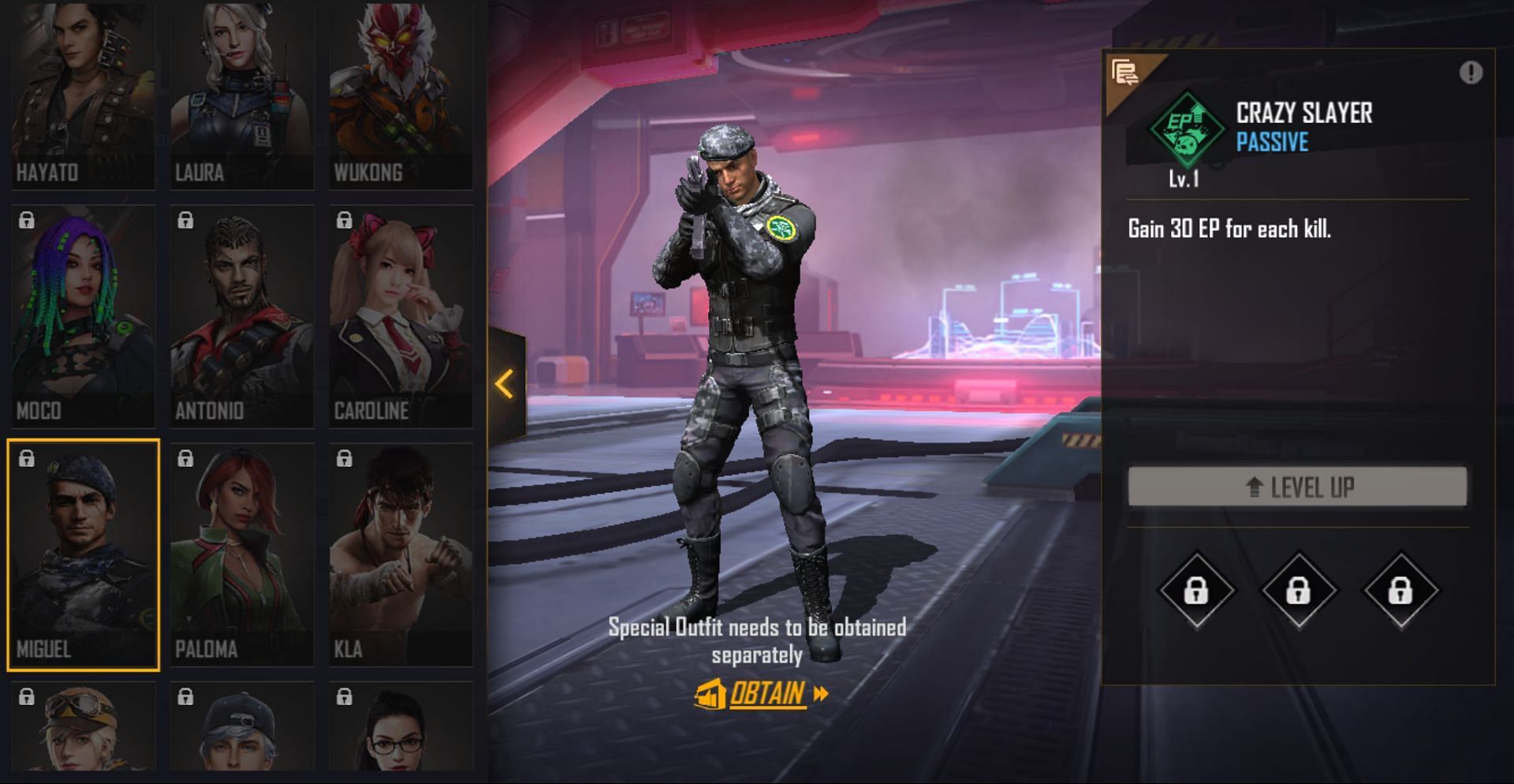 Having Miguel will reward EP with every kill in Free Fire MAX (Image via Garena)