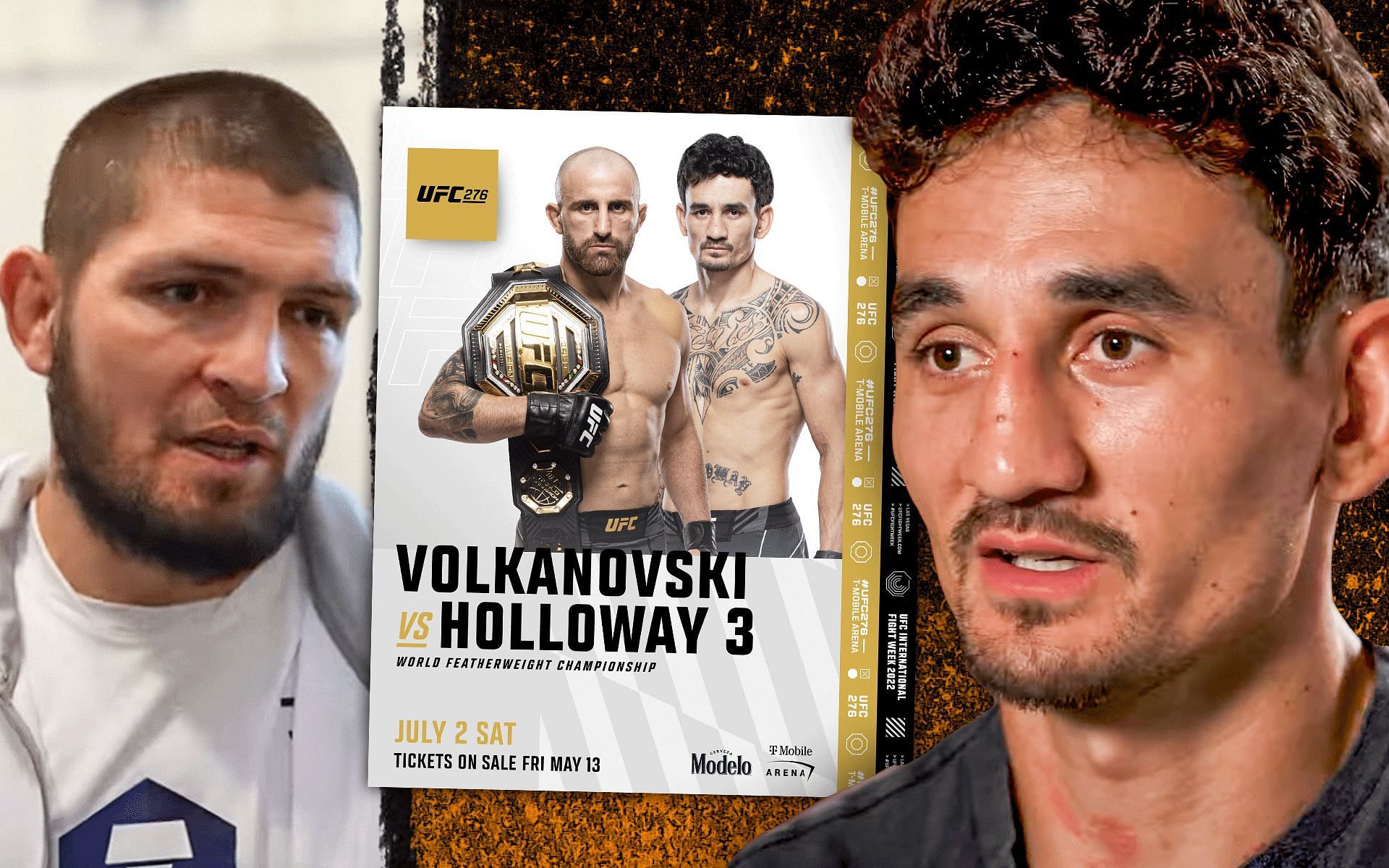 (L to R) Khabib Nurmagomedov, Max Holloway vs. Alexander Volkanovski poster (via @ufc on Instagram), Max Holloway (via @UFC on YouTube)