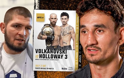 (L to R) Khabib Nurmagomedov, Max Holloway vs. Alexander Volkanovski poster (via @ufc on Instagram), Max Holloway (via @UFC on YouTube)