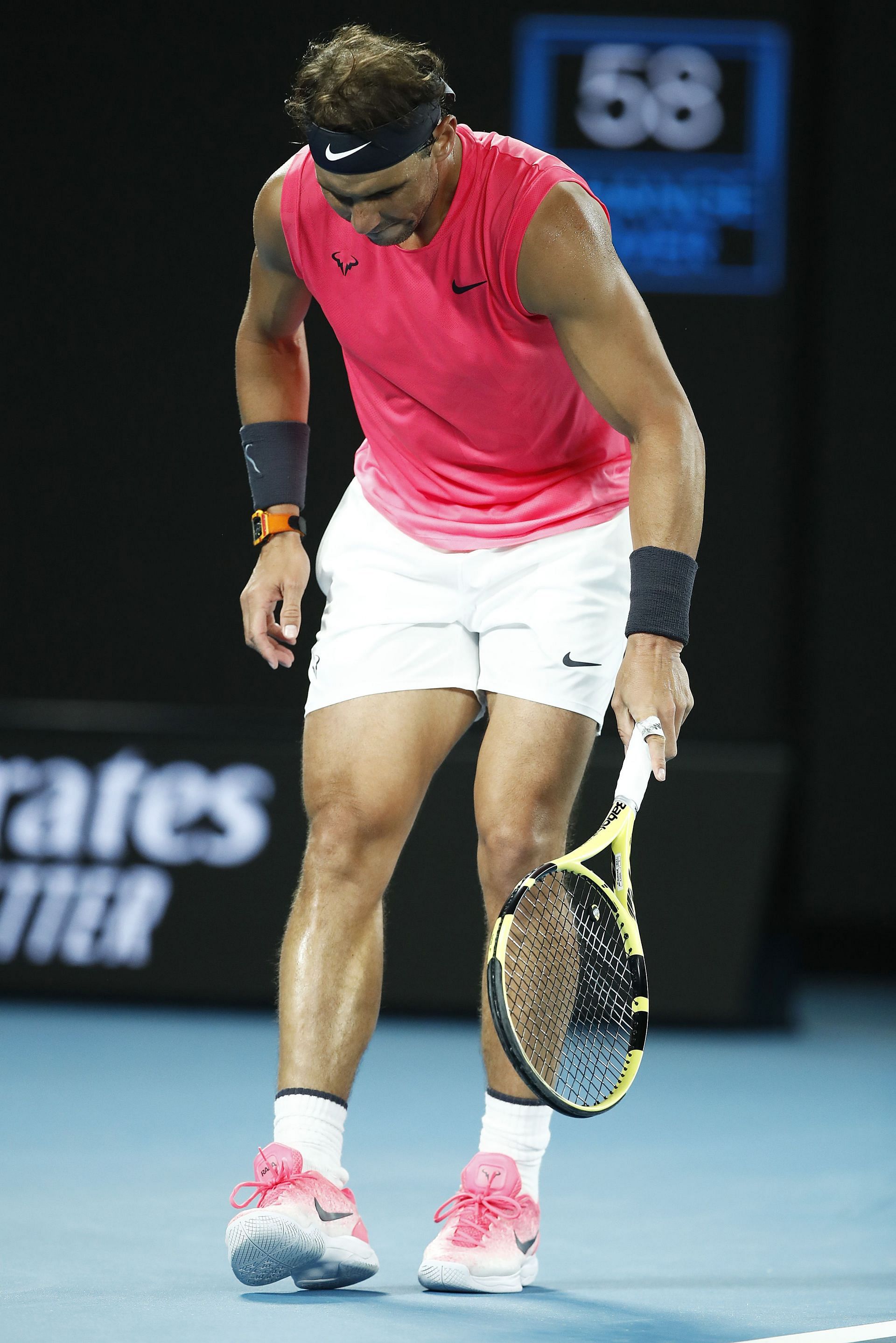 Rafael Nadal reacts after hurting his foot at the 2020 Australian open