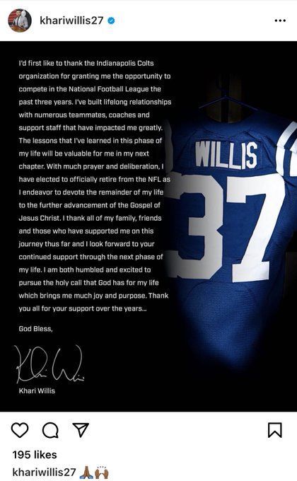 Colts' Khari Willis Retires at Age 26, Will Pursue Career in