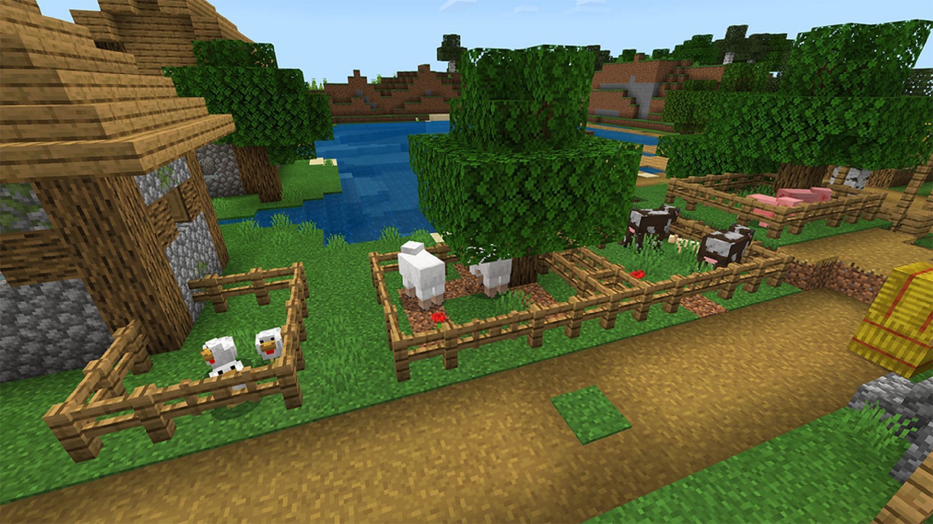 Minecraft animals kept in small farm enclosures (Image via Mojang)