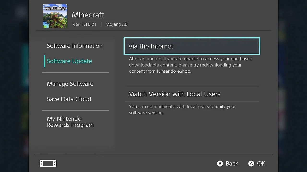 An example of where Switch players can find the check for updates button (Image via Switch)