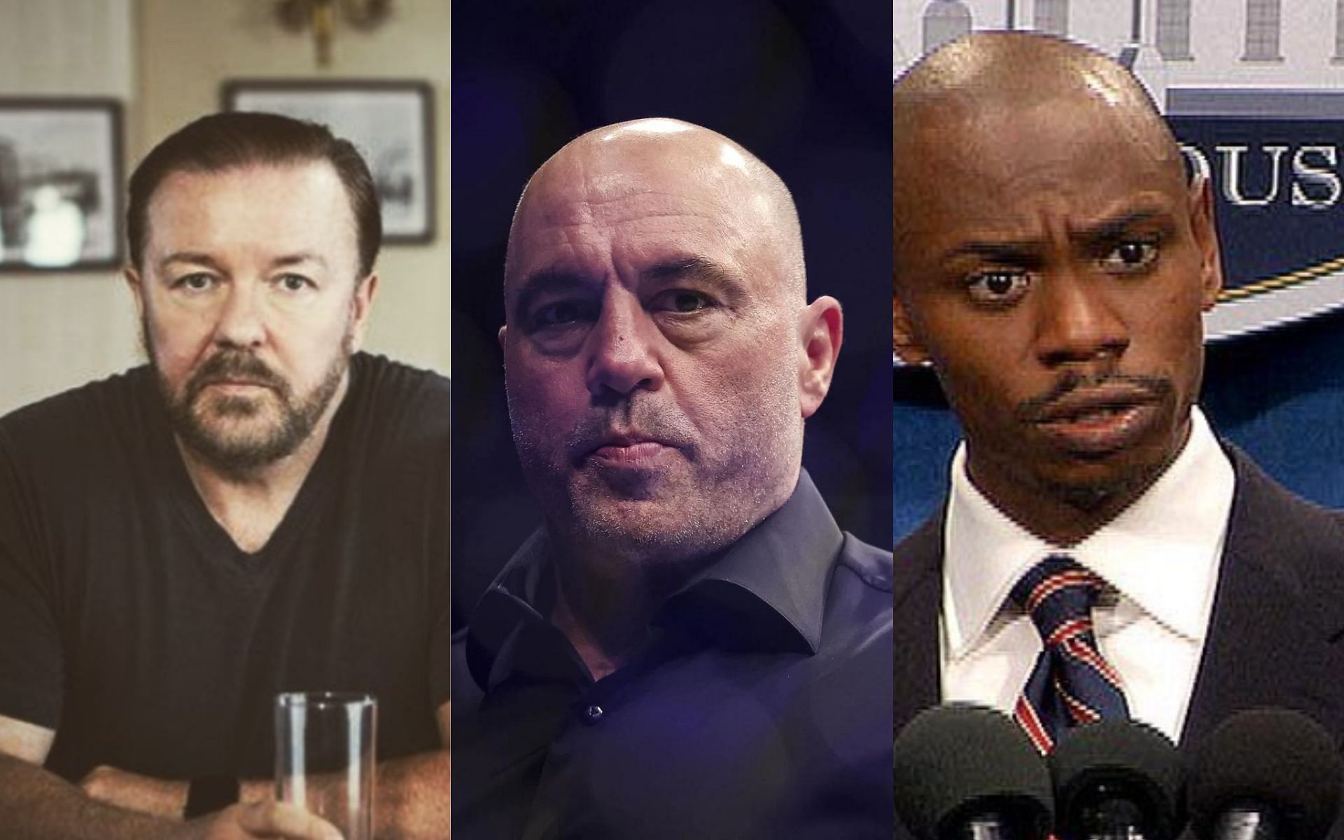 Ricky Gervais (left), Joe Rogan (central), Dave Chappelle (right) [Images courtesy of @davechappelle and @rickygervais on Instagram]