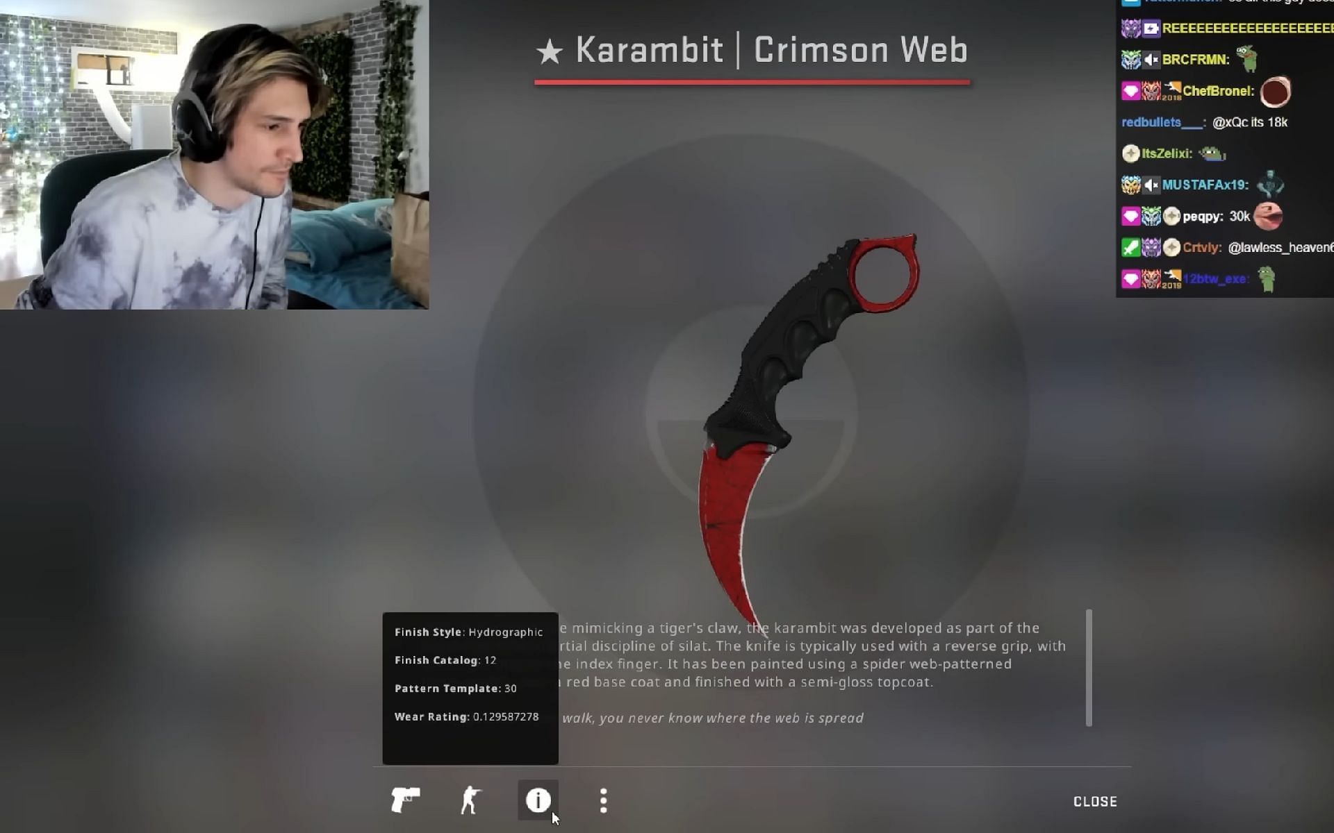 Felix gets a Karambit Crimson Web on stream (Image via xQc Clips/YouTube)