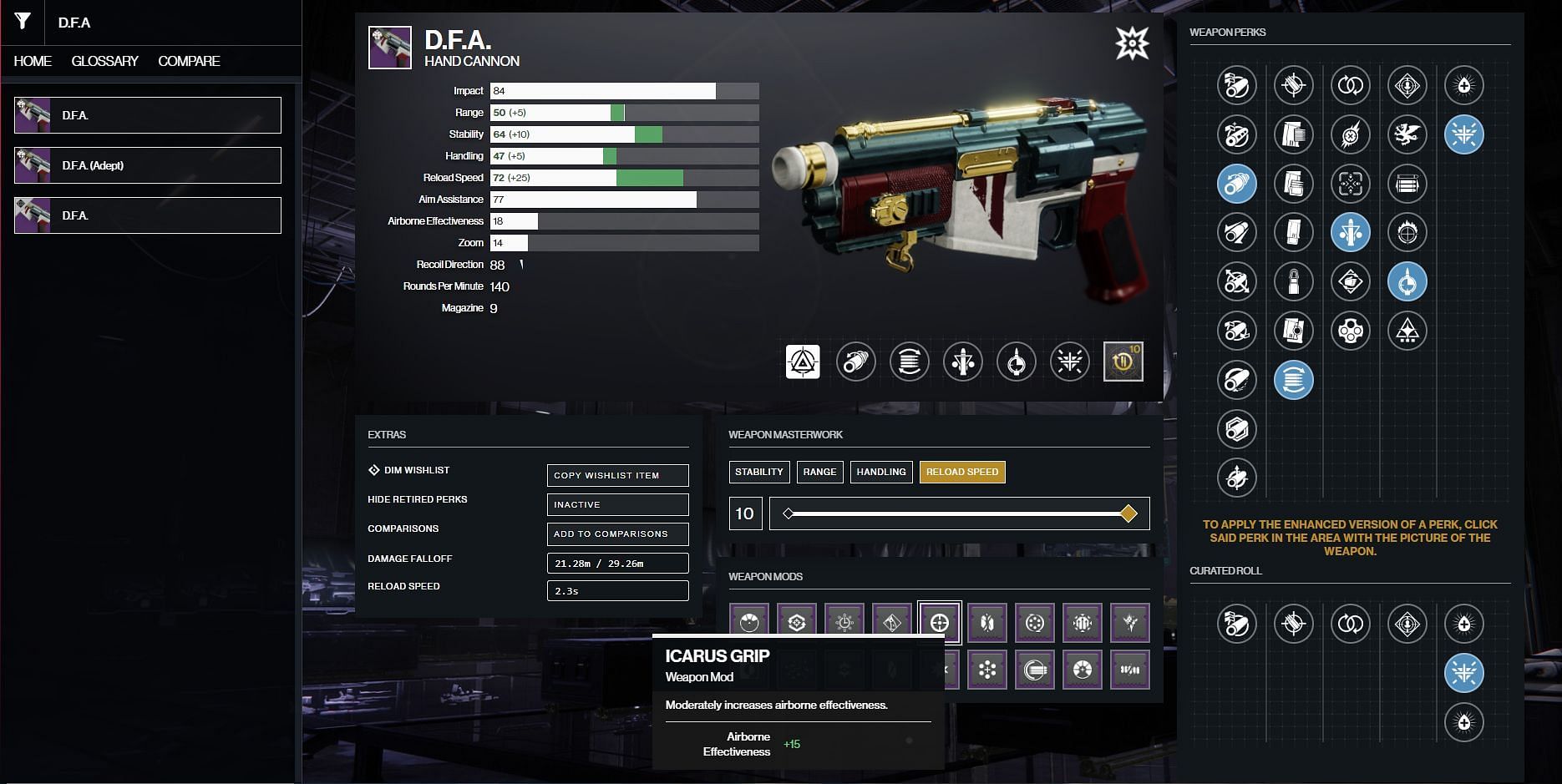 D.F.A. Hand Cannon god roll for Destiny 2 PvE (Image via d2gunsmith)