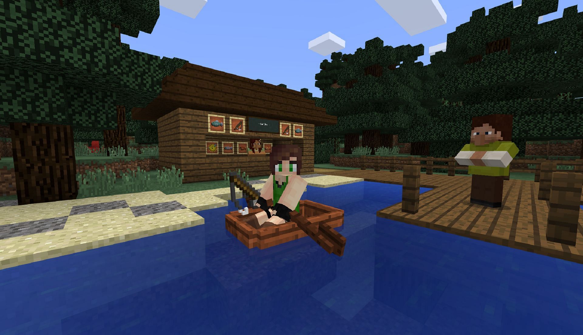 A player fishing from a boat (Image via Minecraft: Education Edition)