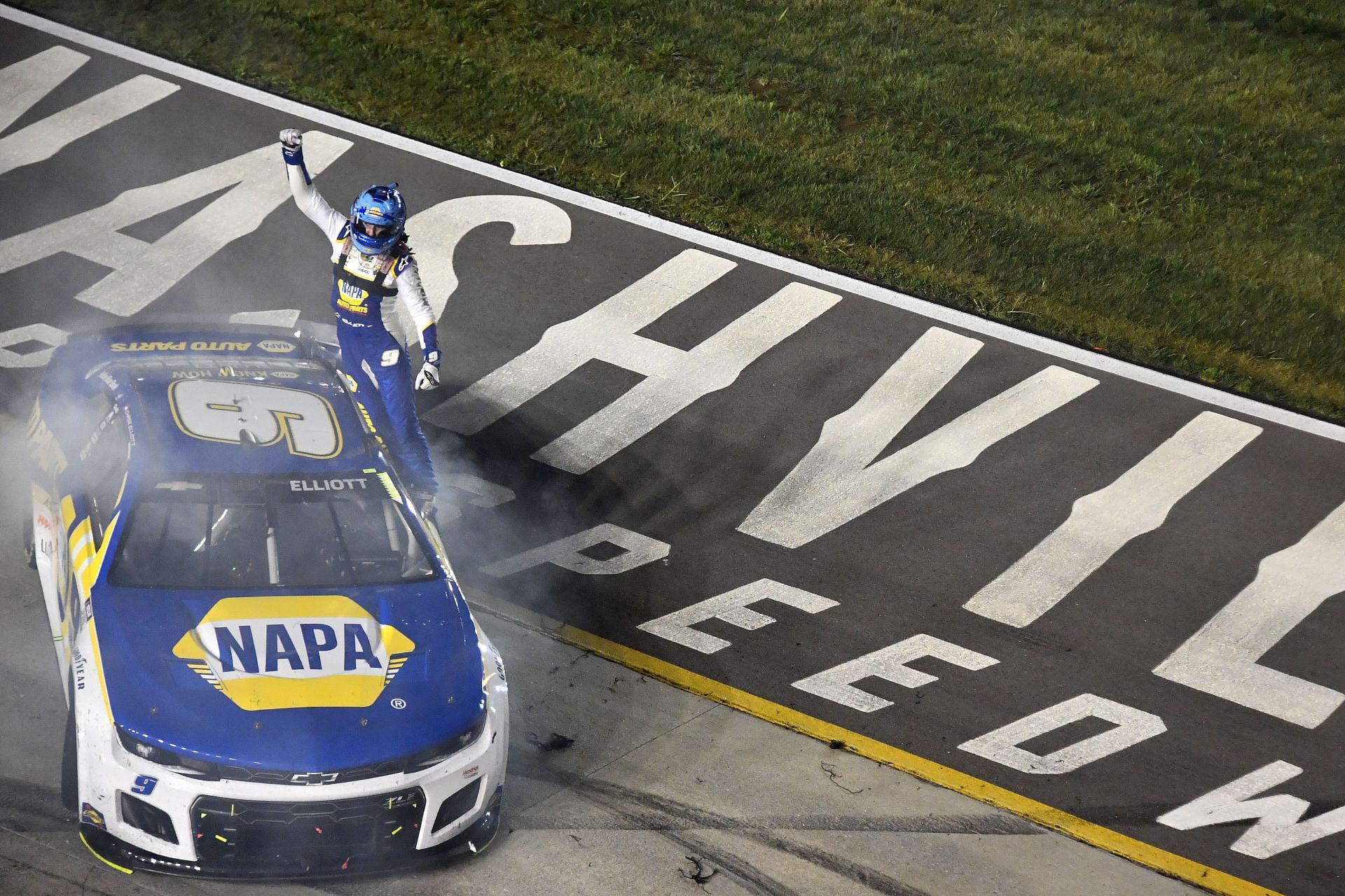 Chase Elliott celebrates after winning the NASCAR Cup Series Ally 400 at Nashville Superspeedway (Photo by Logan Riely/Getty Images)