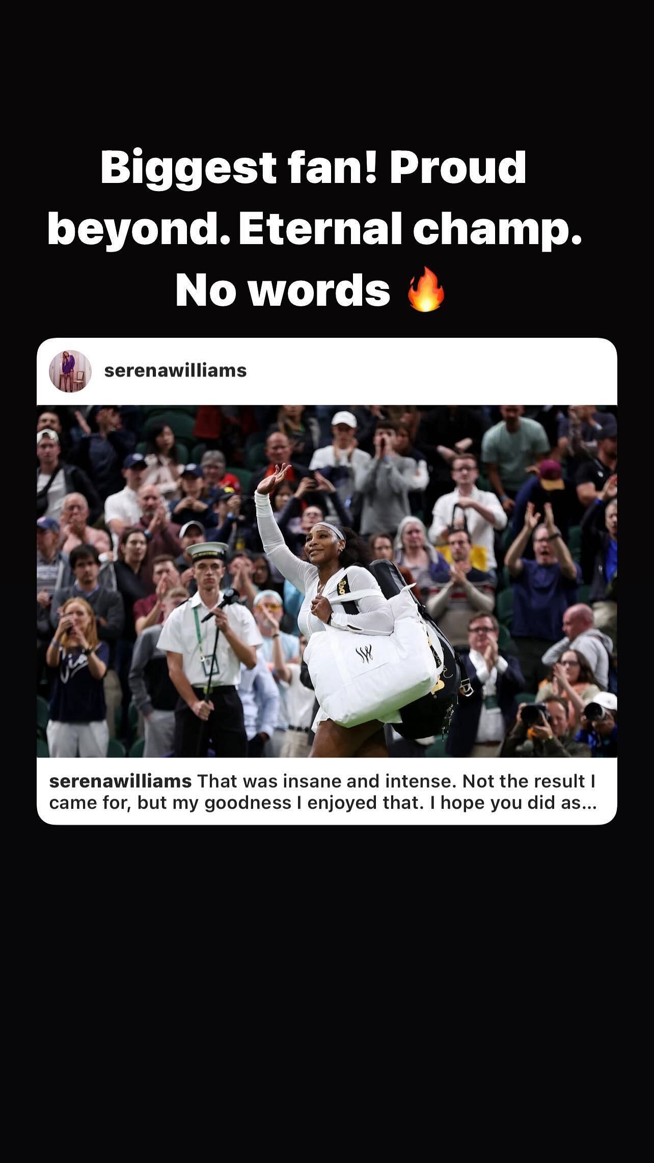 Venus Williams put up a story to show admiration for Serena Williams.