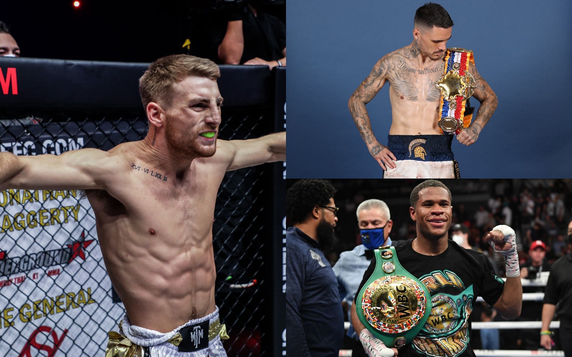 Jonathan Haggerty (left) [Photo Credit: ONE Championship], George Kambosos Jr. (top right), and Devin Haney (bottom right) [Photo Credit: Ring Magazine]