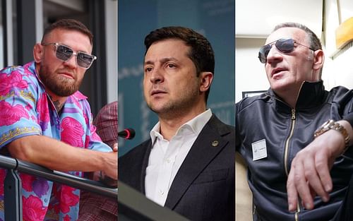 Conor McGregor (left), Volodymyr Zelensky (center), and Tony McGregor (right) (Images via Getty and Instagram @zelenskiy_official and @McGregorTony)