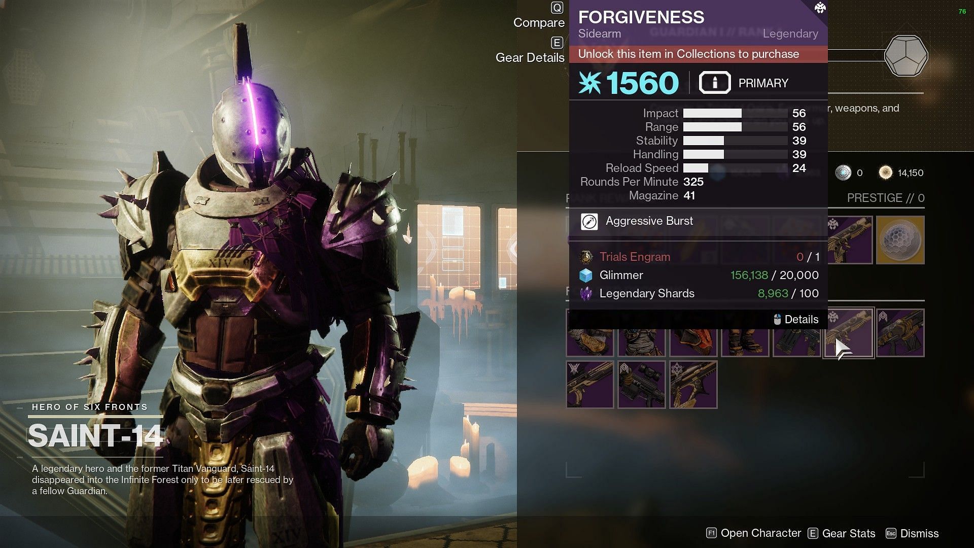 Forgiveness Sidearm will be available to focus on Saint-14&#039;s inventory (Image via Destiny 2)
