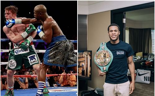 Canelo Alvarez (left) and Floyd Mayweather (middle), Devin Haney (right) - Images via @tomorrowsboxing and @realdevinhaney on Instagram