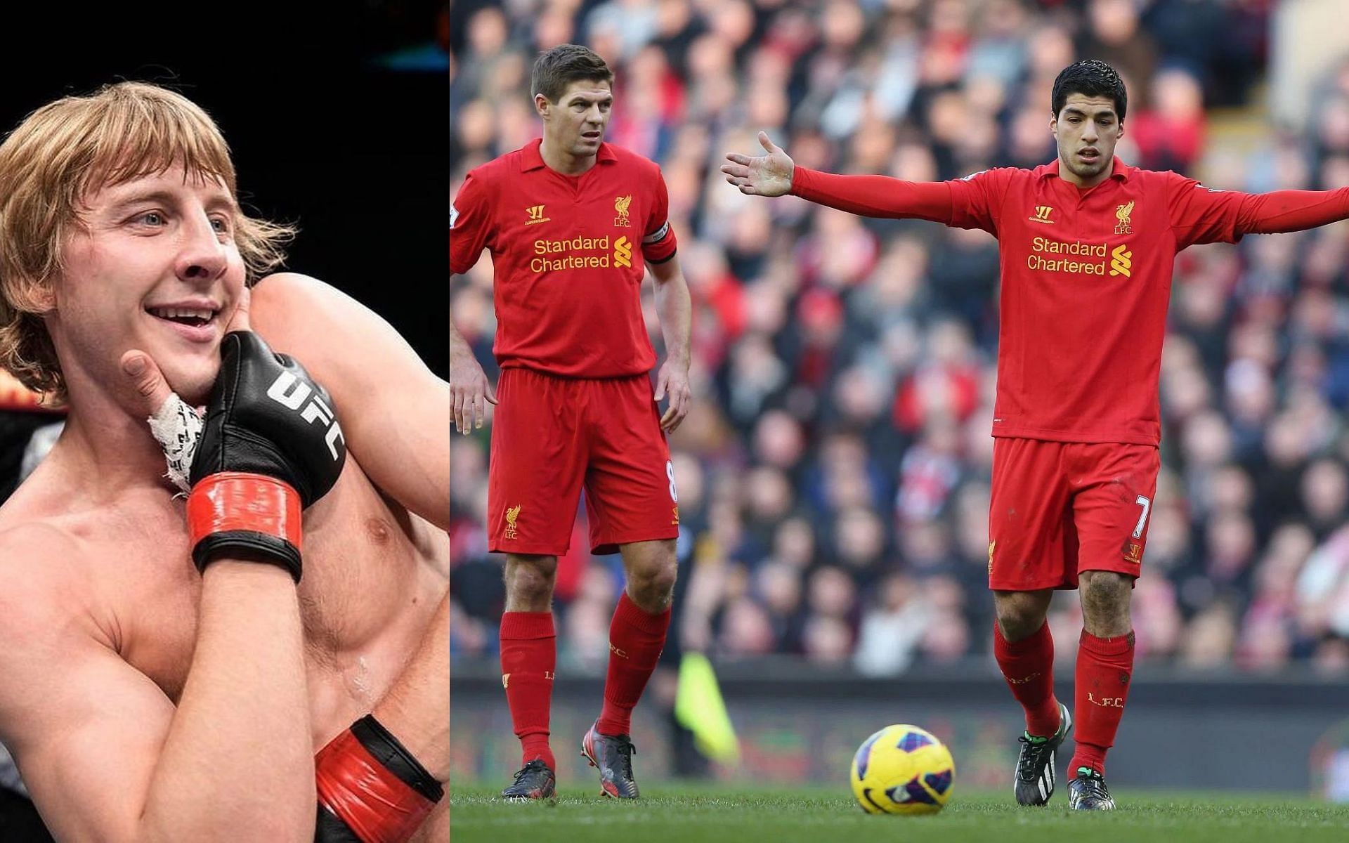 Paddy Pimblett (left), Steven Gerrard and Luis Suarez (right) [Images courtesy of Getty]