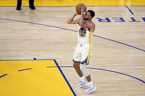 Steph Curry No. 30 of the Golden State Warriors shoots a free throw against the Boston Celtics.