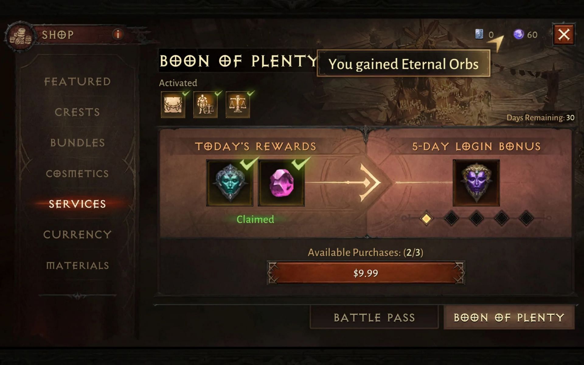 Players can purchase the Boon of Plenty in-game (Image via Blizzard Entertainment)
