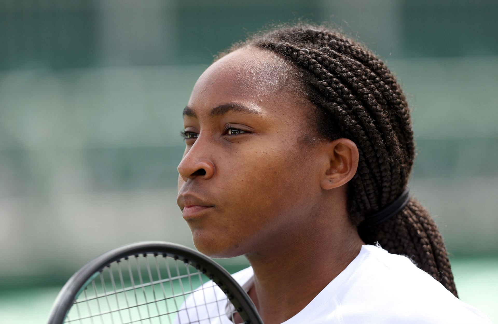 Gauff looks on during a practice session at Wimbledon 