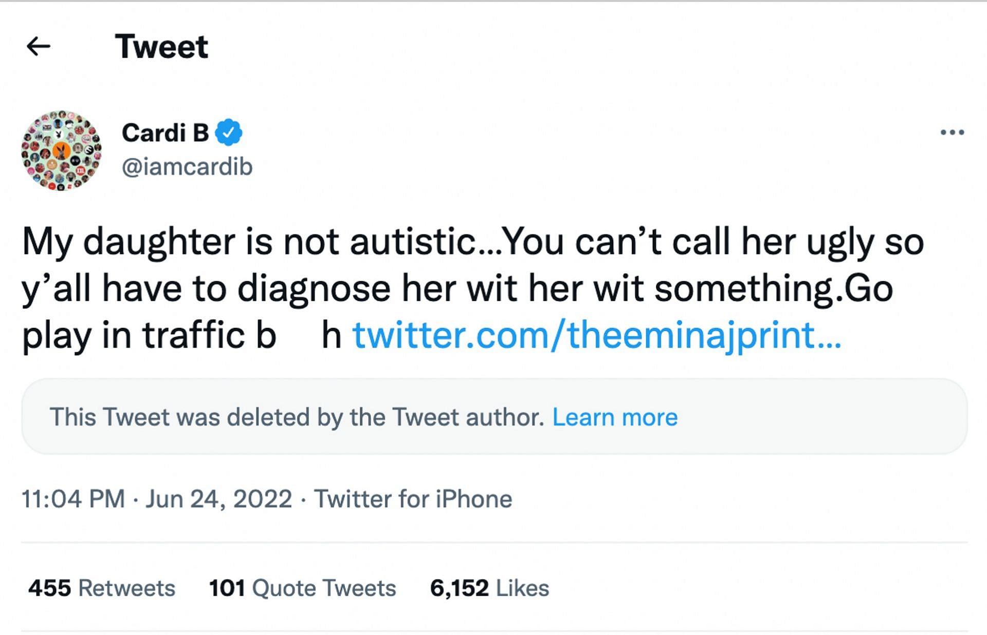 The singer tweets back to the troll who called her daughter Autistic. (Image via @iamcardib/Twitter)