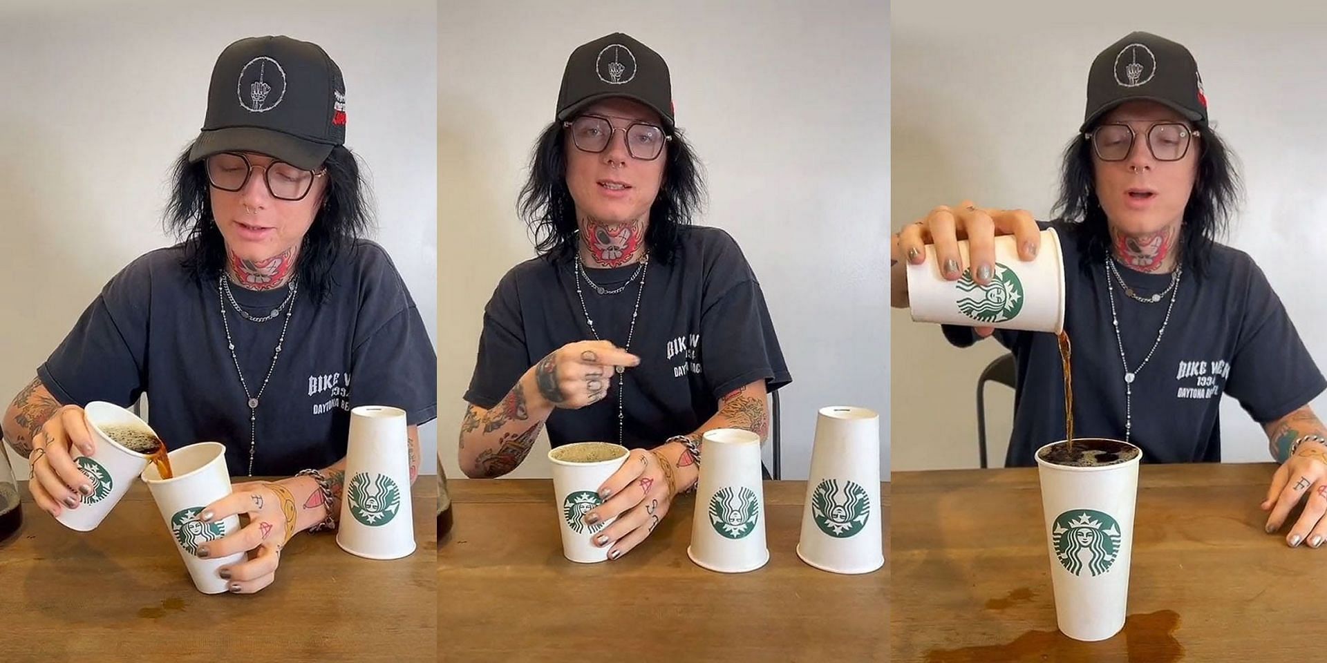 TikToker goes viral after claiming differently sized Starbucks cups hold the same amount of beverages (Image via sueco/TikTok)